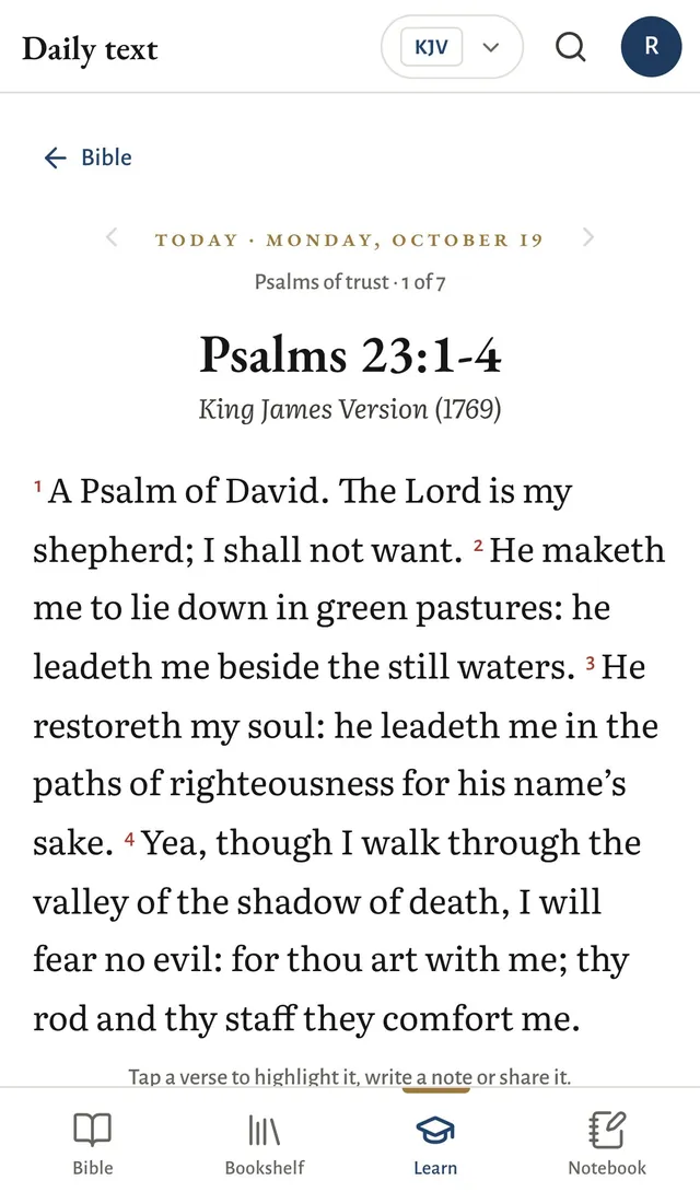 The daily text page on a phone, showing Psalm 23:1–4.